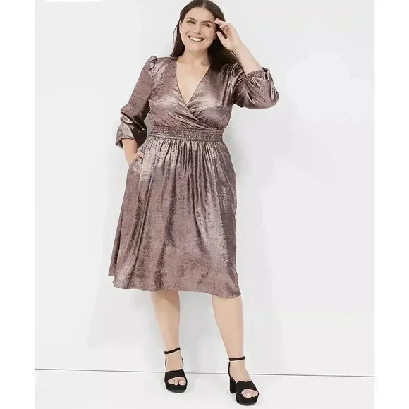 NWT Lane Bryant Blouson-Sleeve‎ Surplice Metallic Midi Dress Size 22/24 - Picture 1 of 8